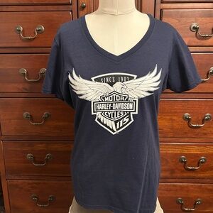 Harley-Davidson Dark Blue V-Neck Tee with White Logo